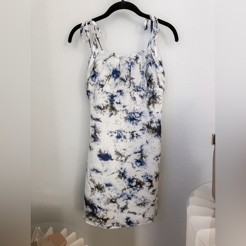NWT Missguided White/Blue/Black Marbled Tie Shoulder Mini Dress - SIZE 0